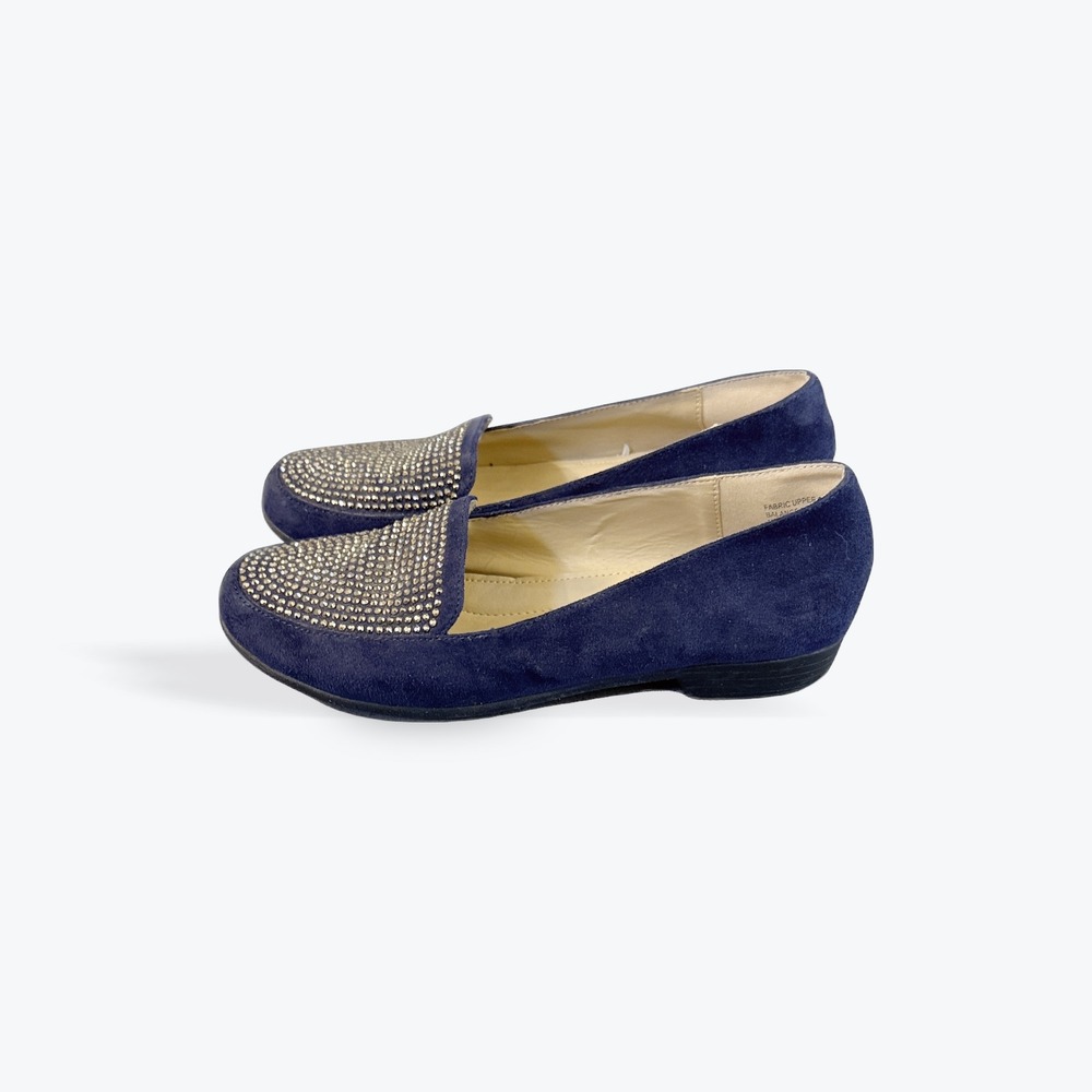 Angel Steps Womens Navy Blue Faux Suede Rhinestone Embellished Loafers Size 6M
